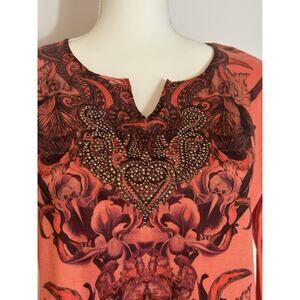Whimsy goth Castle Core Boho Fairy Bell sleeves orange rhinestones shirt Sz L